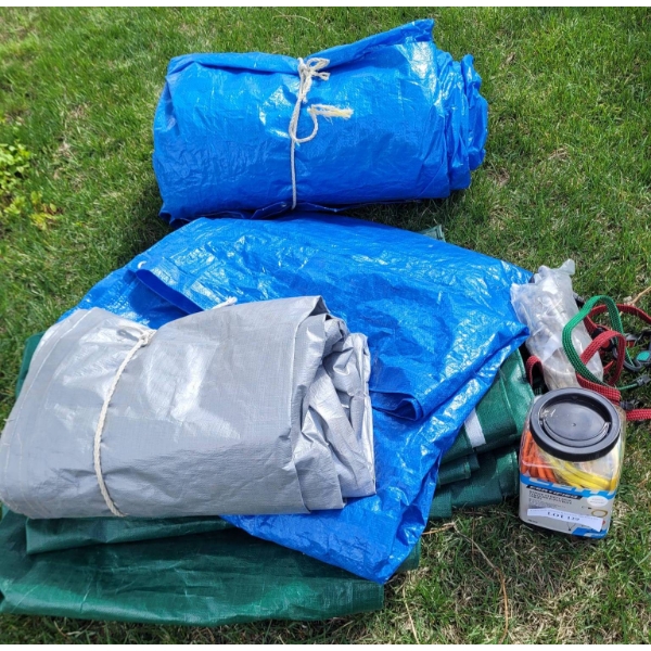 Multiple Tarps, various sized and Tie Strings