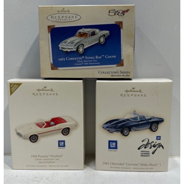 Vehicles-1963 Corvette Sting Ray Coupe, 1968 Firebird, 1961 Corvette Mako Shark Hallmark Ornaments 