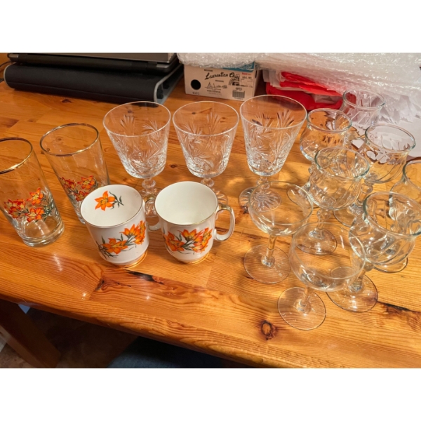 6 Avon glasses, 3 vintage water goblet is the Berlin pattern by Kusak Cut Glass Works, vintage drink