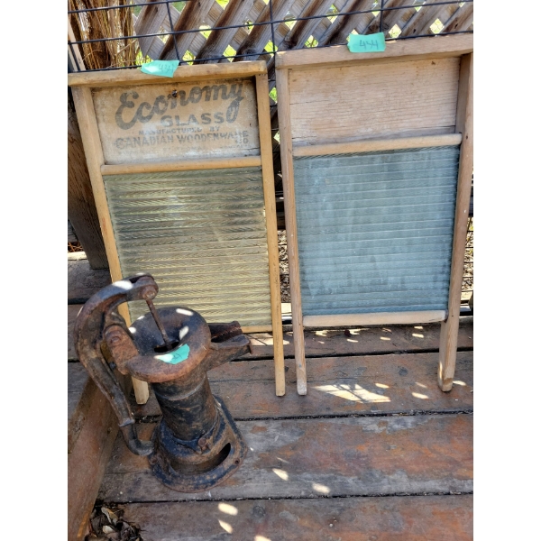 Antique Washboards (2) and Cast Iron Wellpump 