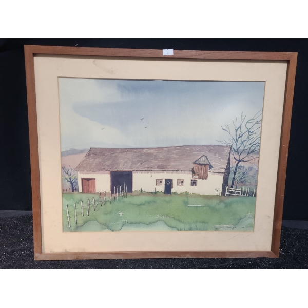 Painting of Farm House, Artist: Tom Tinkler, Framed Under Glass 23 X 19
