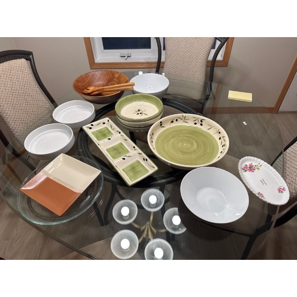 Kitchen Platter Assortment Including Wooden Salad Bowl and Lots of Other Dinner Bowls
