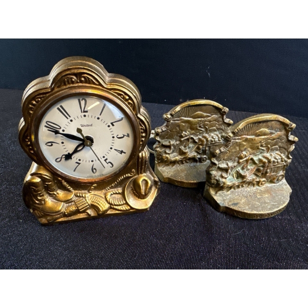 Bronze Western Coach Book Ends & Western Clock