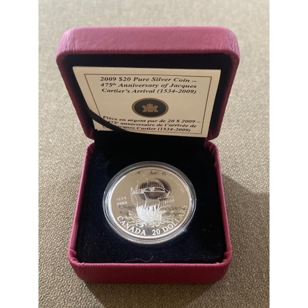 2009 $20 Pure Silver Coin, 475th Anniversary of Jacques Cartier's Arrival, Canada, in Display Case