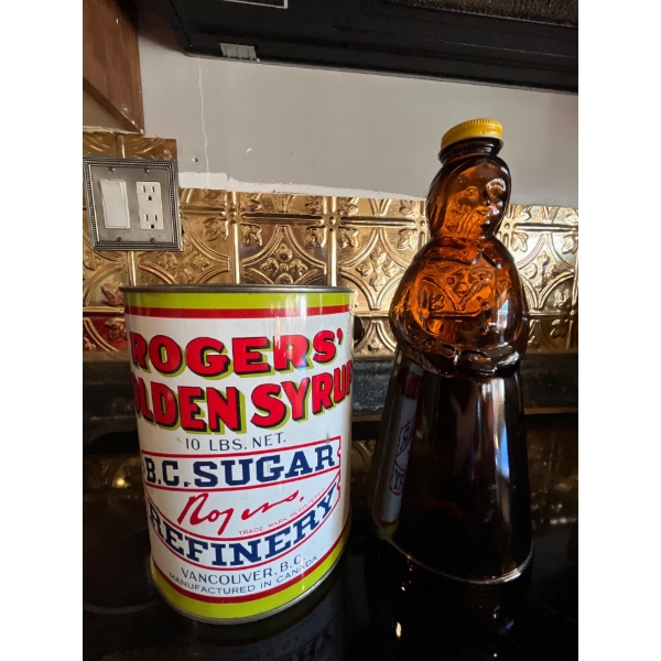 original aunt Jemima syrup bottle and Rogers Golden syrup made in Vancouver Tin