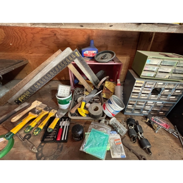 selection of woodworking items including a couple antique oiling cans, bolt bin, full of miscellaneo