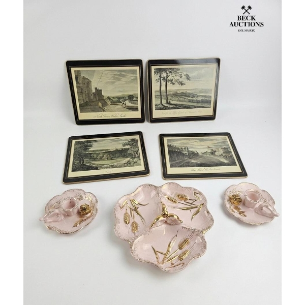 Vintage Pink Regency-style Decorative Serving Pieces 1950s & 4 Vintage Placemats.
