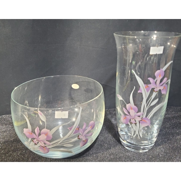 Glass Decor w/ Iris Designs: Bowl 8" Diameter Top, 5 T and Vase 5" Diameter Top, 10 T