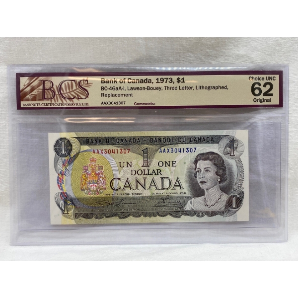 Graded Canadian 1973 $1 Choice UNC Prefix: AAX