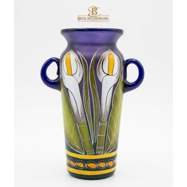 Hand Blown Mexican Painted Cobalt Blue/Yellow Glass Vase Calla Lily Floral Pattern & Art Deco Style.