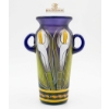 Image 1 : Hand Blown Mexican Painted Cobalt Blue/Yellow Glass Vase Calla Lily Floral Pattern & Art Deco Style.
