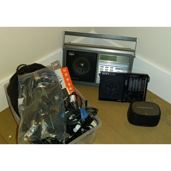 Two Vintage Radios & Monster Bluetooth Speaker w/ Tub Of Various Cords  Sony Monster