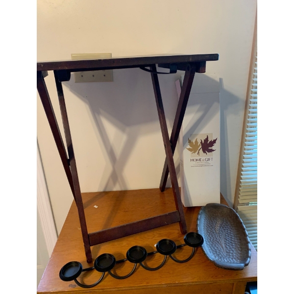 Bedside Table, New in the Box Candle Holder, Pottery Dish