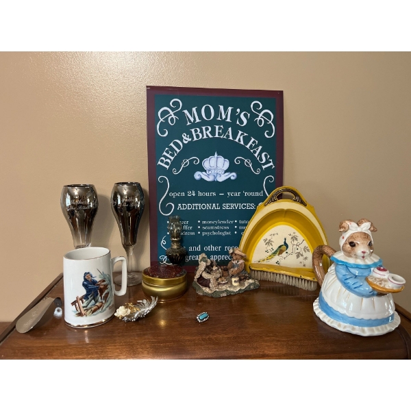 Collection of small vintage items and a sign Mom's Bed Breakfast a potato and onion box and two wood