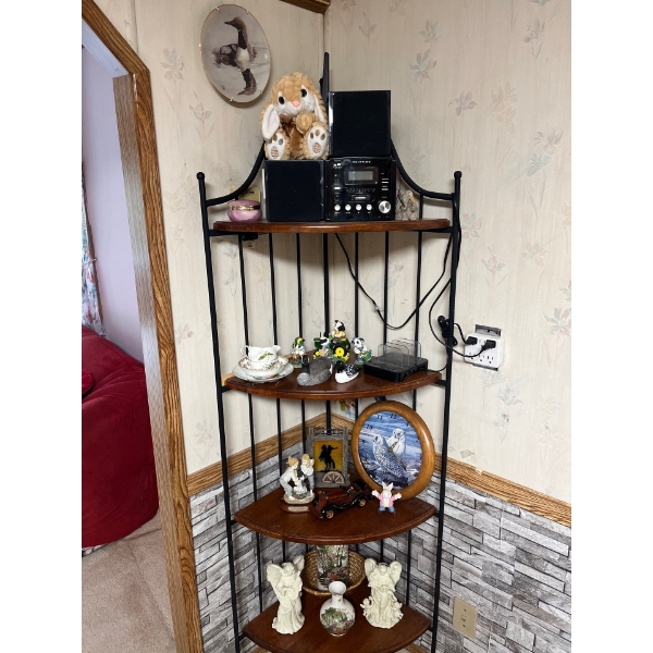  iron and wood corner shelf with small stereo and a number of small collectibles Along with some sma