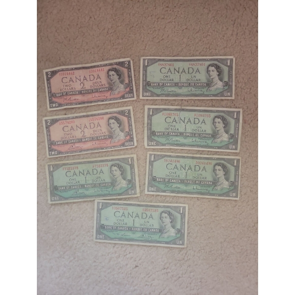 Vintage Canadian Bank Notes $1 & $2 Denominations - Devils Head 