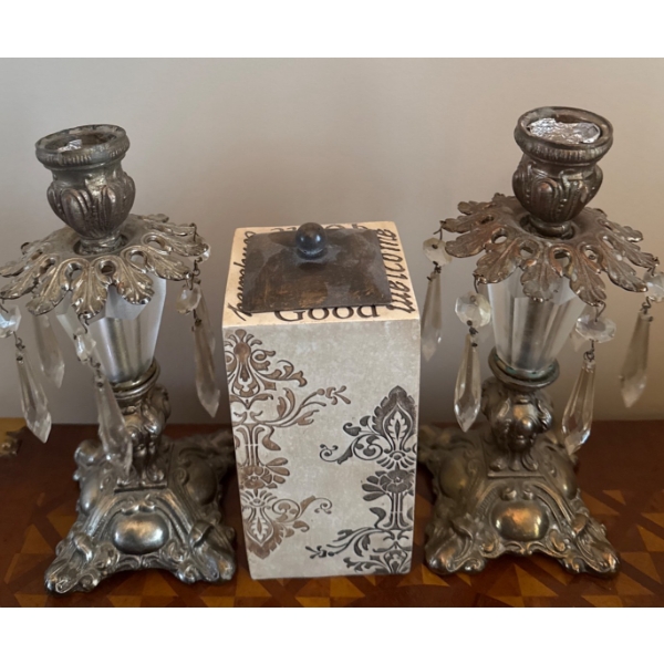 Ornate Metal Candleholders with Decorative Box