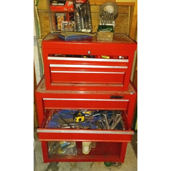 Large Double Stacked Red Tool Box On Wheels Full of Tools   Screwdriver, Wrenches, & More