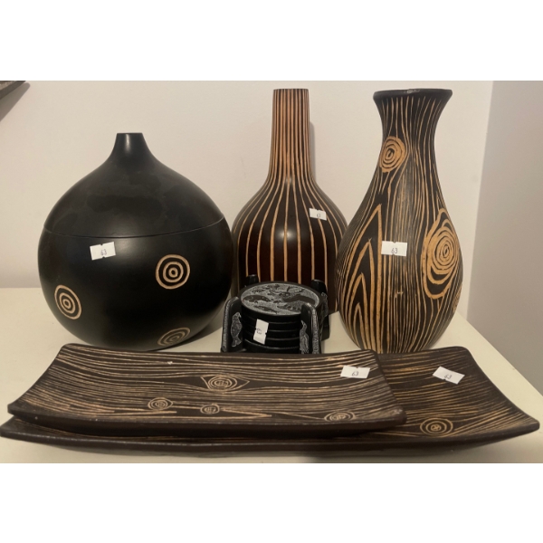 Wooden Carved Decor w/ Inuit Coaster Rack And Serving Trays