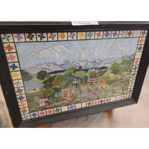 Framed Under Glass Needlepoint.  Mountain Village 26 1/2 w 18 h