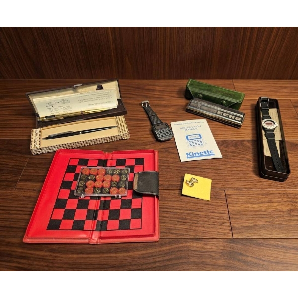 Collectible Items Including Watches, Harmonica, Calculator Keychain, Chess Set, and Pen