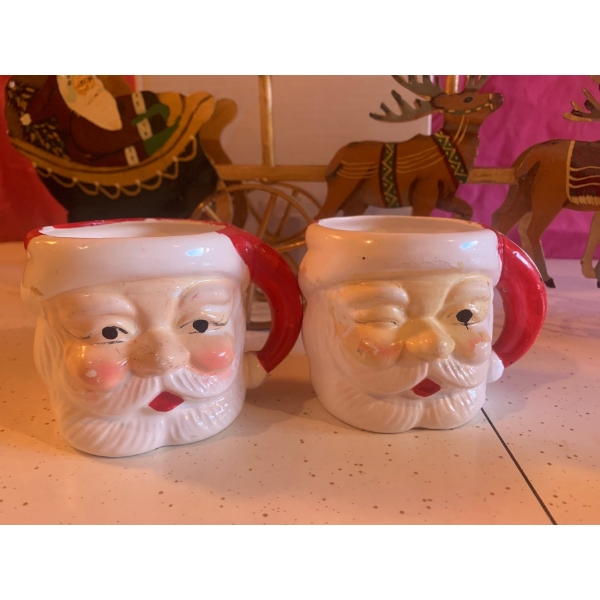Vintage Lot of Santa Decor, Two Vintage Mugs, Candle Holder and Decor