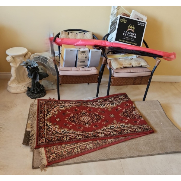 Patio Chairs 24 w, 32 h, 24 d,  Sony Stereo (CD/ Cassette) HCD- EP 30, Garden Statues 22 h, Rugs 