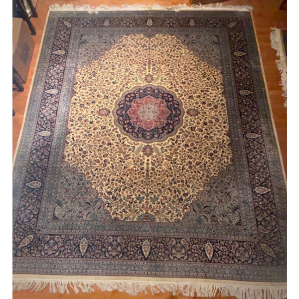 Gorgeous Authentic Silk Persian Rug (Purple Coral Blk & Blue Hues ) 9ftx12ft