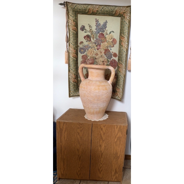 European Style Woven Tapestry w/ Terra Cotta Painted Vase 26T & Veneer Hall Table