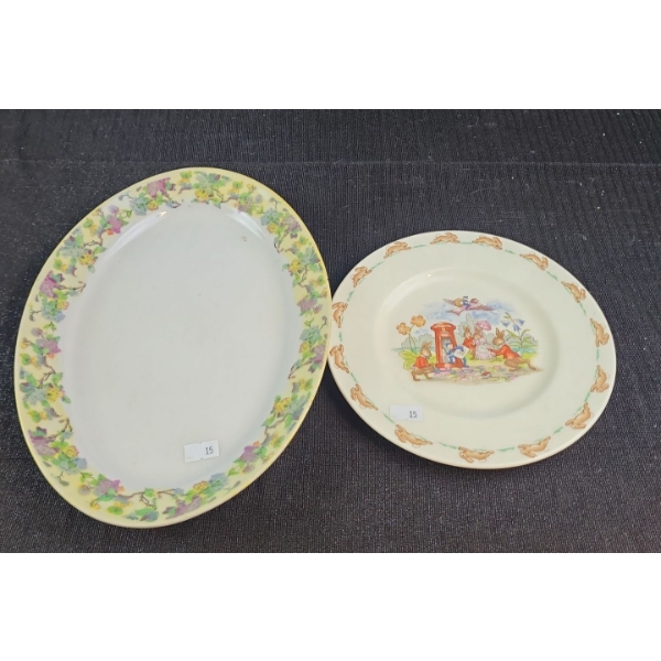 Plate w/ Floral Design 12 X 8.5 and Bunnykins Collector Plate w/ Mailbox Scene 8" Diameter 
