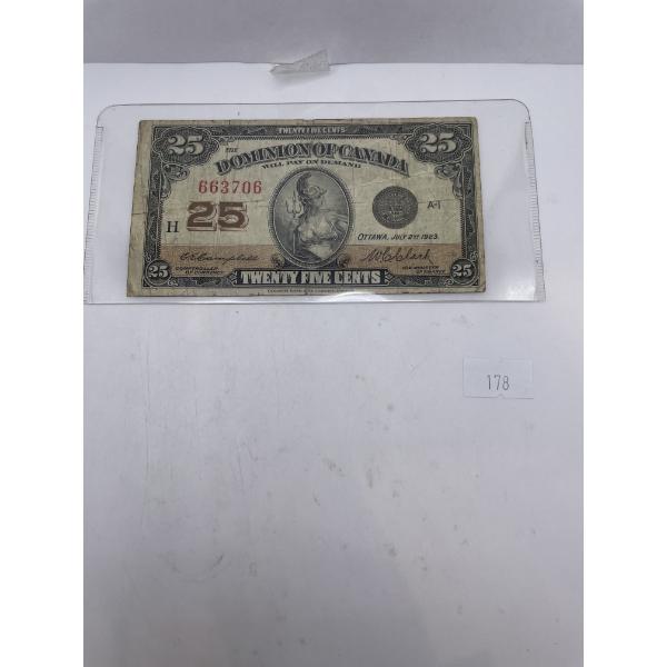 1923 25 Cent Dominion of Canada Banknote