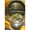 Image 2 : Bundle of Kitchen & Cooking Items  Metal Strainer, Kettle, Large Heavy Frying Pan Utensils & Holder 