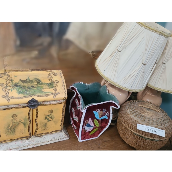 Pair of Vintage Pach Lamps w Shades 19 h, Aboriginal Beaded Vase, Basket & Antique Jewellery Box 