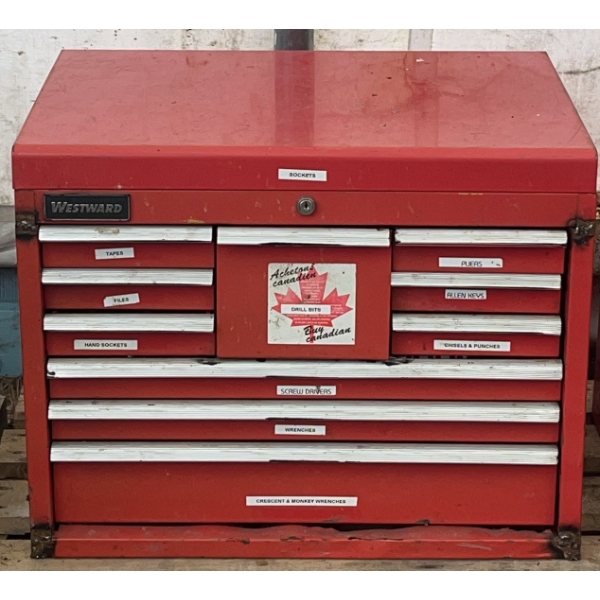 Westward Red Tool Chest, Blue Three-Drawer Metal Box, and Black Plastic Toolbox – Assorted Tools