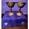 Image 4 : Two Vintage Brass Tall Stemmed Goblets in a Velvet Box- Burnished Finish & Etched Detail