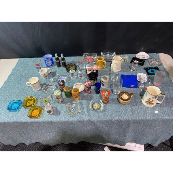 Various Collectables & Trays: Esso Glass Barrels, Spice Shakers, Coke Bottle Salt & Pepper Shakers 