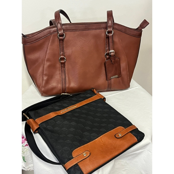 Ricardo Beverly Hills brown faux leather bag and a black textured crossbody bag.

