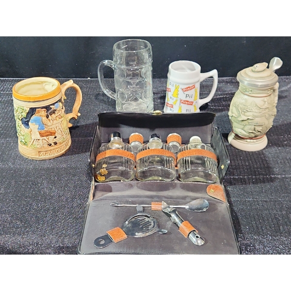 Various Beer Steins and Bar Tools in Carry Case ( Duck Stein has some damage)