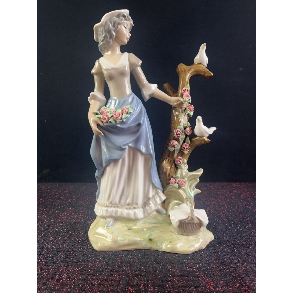Tengra Porcelain Figurine Lady with Doves and Flowers 10.5"