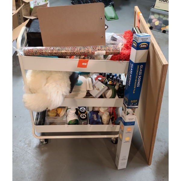 Metal Tiered Cart with Art Supplies on Casters (31"T, 26"W, 12"D)