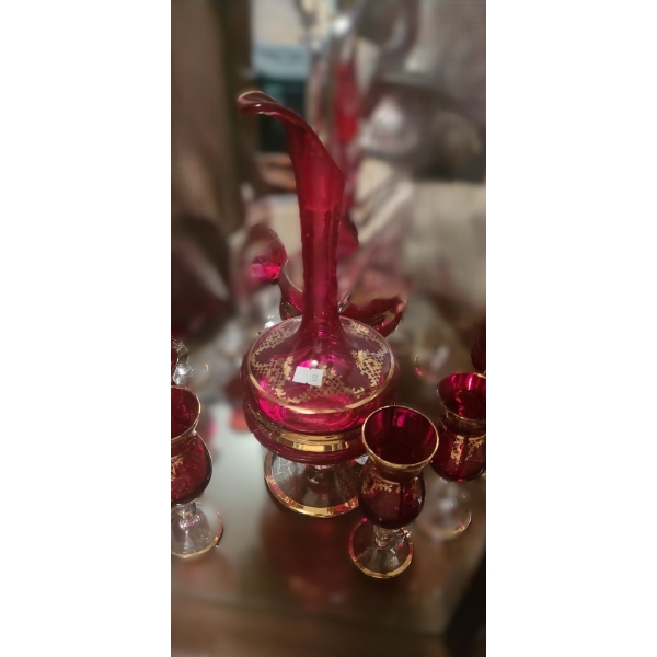 Vintage Red Glass Decanter 16 T and Serving Glasses 