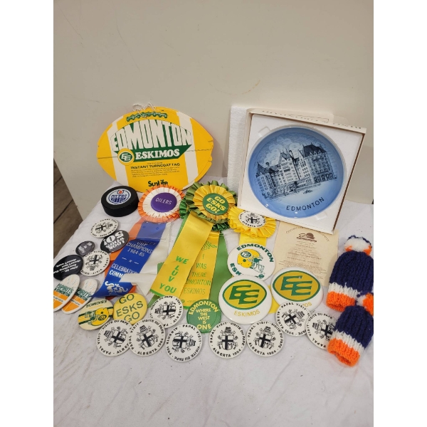 Edmonton Themed Memorabilia Including Commemorative Plate and Pins