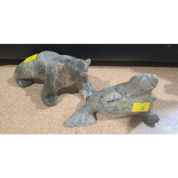 Soapstone Hand Carvings: Bear 6 W, 3 T and Seal 4.5 W, 3 T 