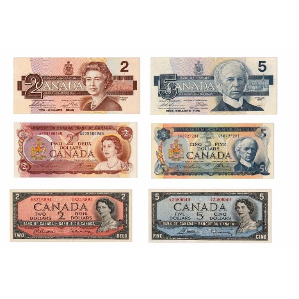 Canadian 2$ & 5$ bill collection from 1954 -1986 bird series & Coloured series Different Signatures
