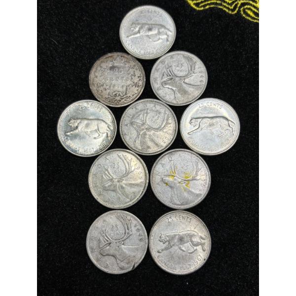 Silver Canadian Quarters x10 variety of dates .800 58.1 g