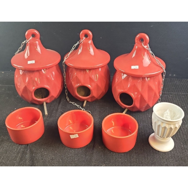 Three Birdhouses 7" Diameter, 10 T, Three Bowls 4" Diameter, 2 T and Goblet 2 3/4" Diameter 4.5 T 