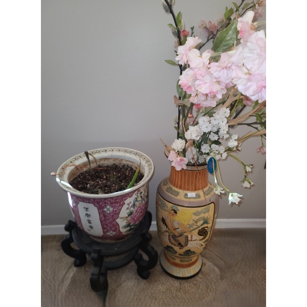 Painted Vase with Artificial Flowers 17 T and Planter w/ Stand 16 T 