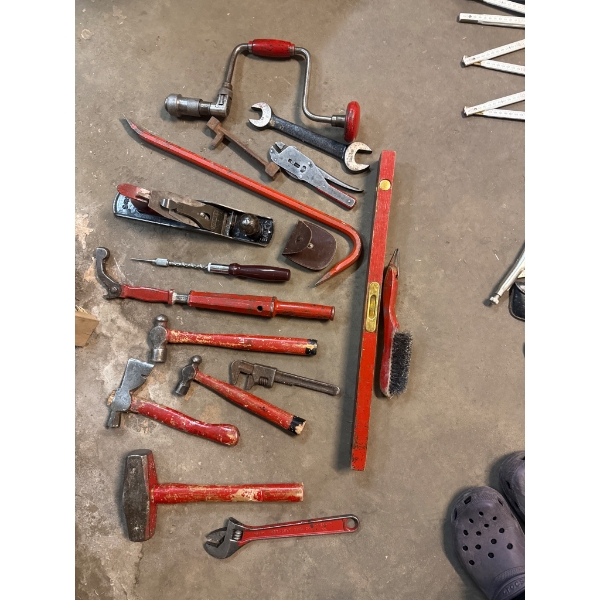 Vintage Hand Tools, Including Hammers, Axes, Levels, and Screwdrivers