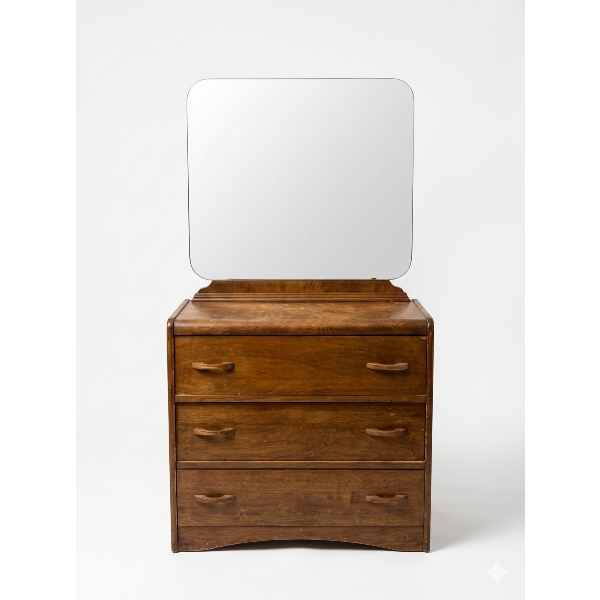 Antique Wooden Dresser with Three Drawers and Mirror
