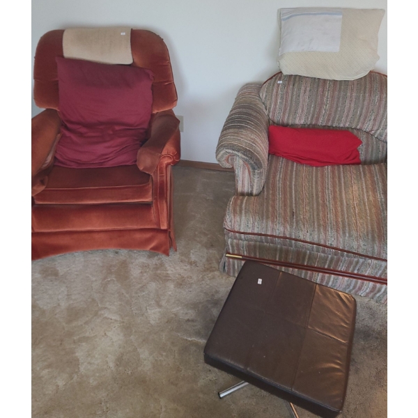 Vintage Orange Chair 31 W, 26 D, 34 T, Neutral Tone Chair 40 W, 36 D, 30 T, Stool 16 W, 16 D, 14 T 